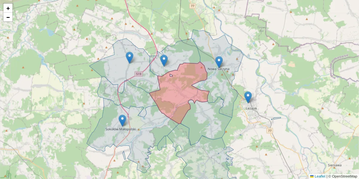 Szczegółowa mapa kodu pocztowego 37-311 z granicami, sąsiednimi kodami pocztowymi i urzędami pocztowymi