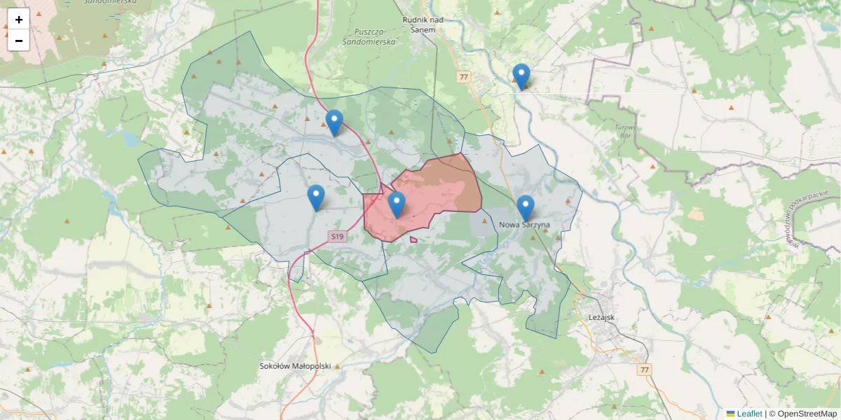 Szczegółowa mapa kodu pocztowego 37-312 z granicami, sąsiednimi kodami pocztowymi i urzędami pocztowymi
