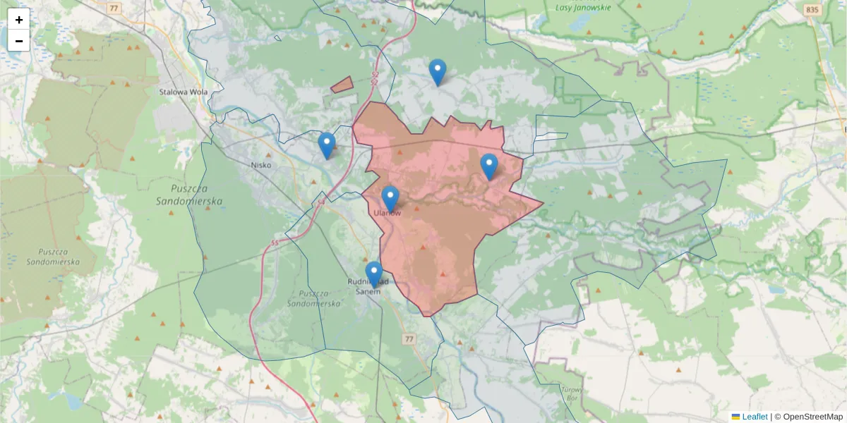 Szczegółowa mapa kodu pocztowego 37-410 z granicami, sąsiednimi kodami pocztowymi i urzędami pocztowymi