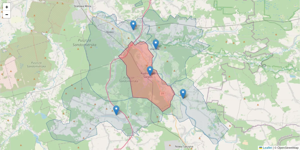 Szczegółowa mapa kodu pocztowego 37-420 z granicami, sąsiednimi kodami pocztowymi i urzędami pocztowymi