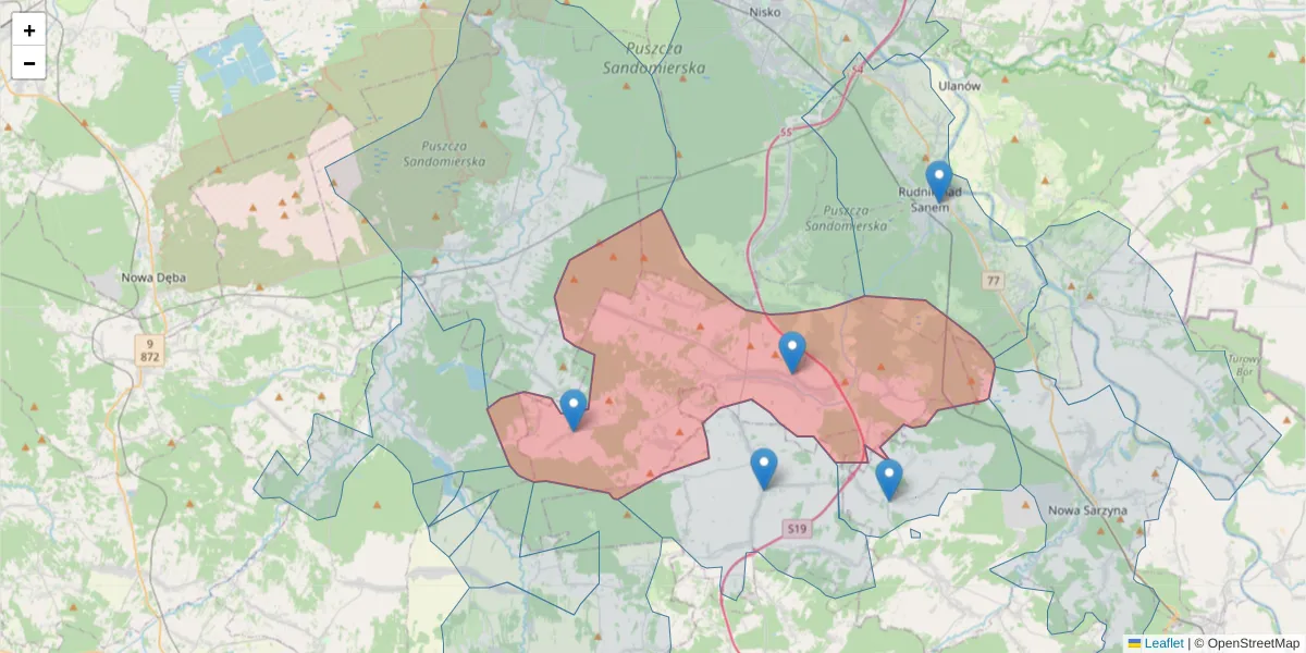 Szczegółowa mapa kodu pocztowego 37-430 z granicami, sąsiednimi kodami pocztowymi i urzędami pocztowymi