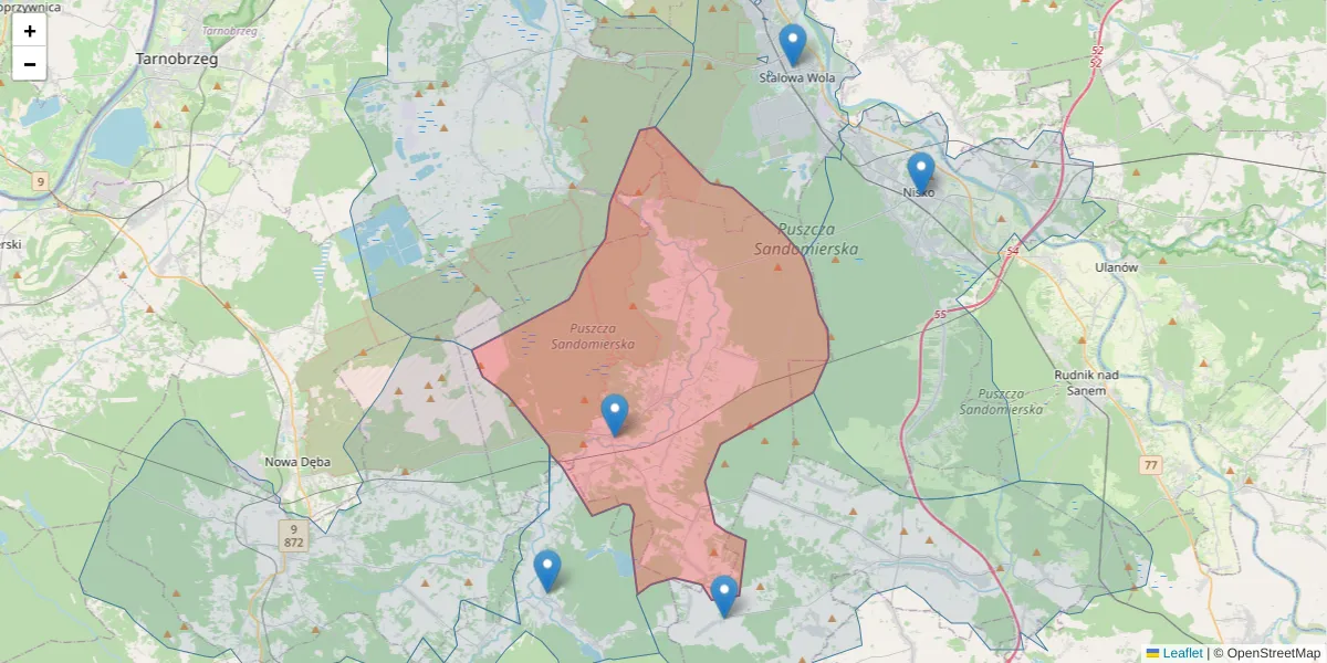 Szczegółowa mapa kodu pocztowego 37-433 z granicami, sąsiednimi kodami pocztowymi i urzędami pocztowymi