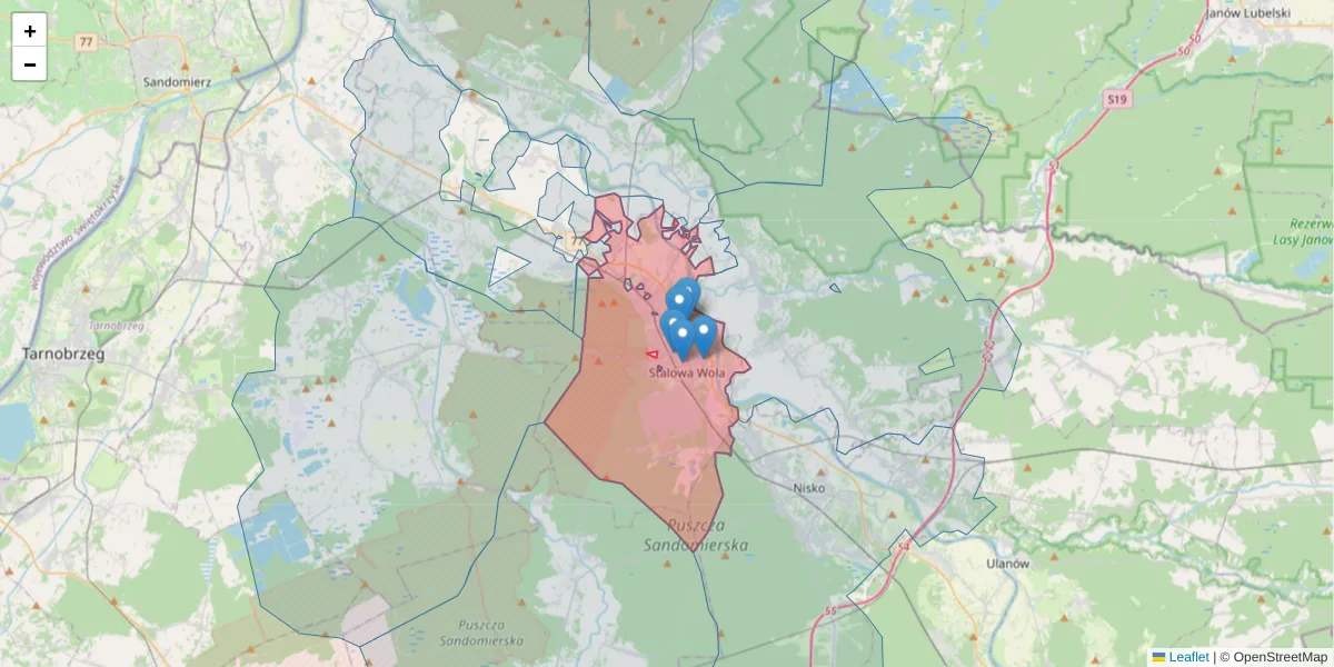 Szczegółowa mapa kodu pocztowego 37-450 z granicami, sąsiednimi kodami pocztowymi i urzędami pocztowymi