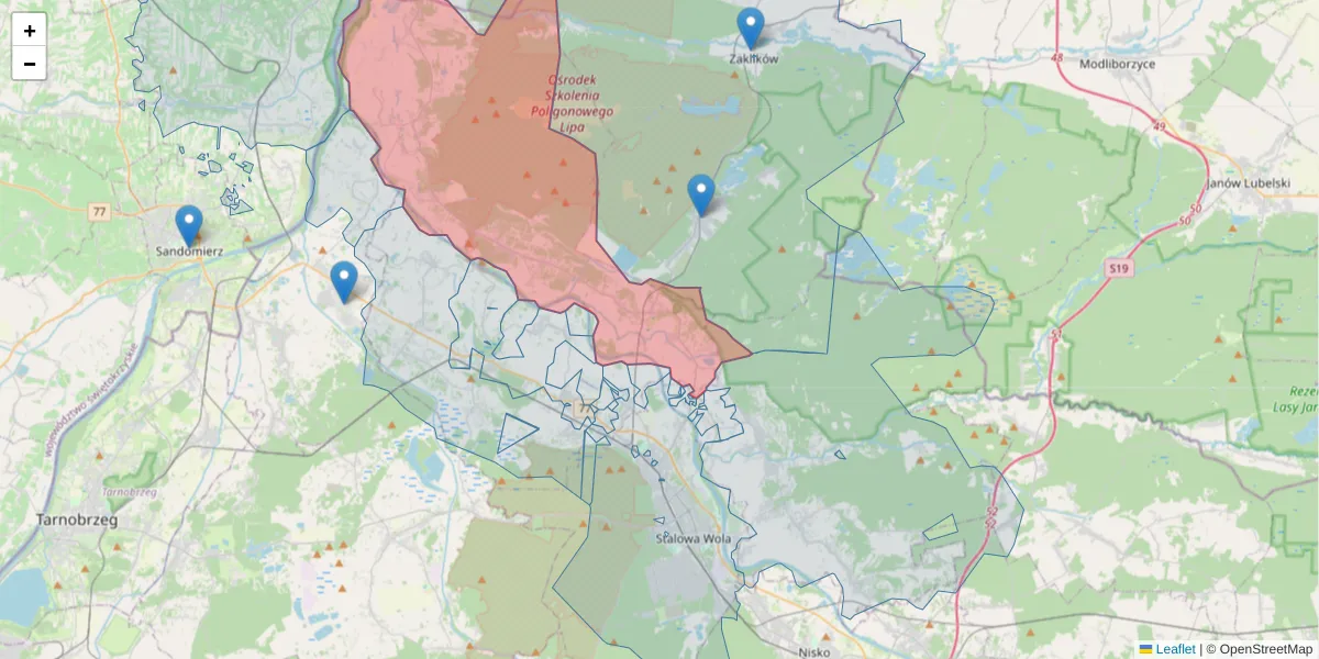 Szczegółowa mapa kodu pocztowego 37-455 z granicami, sąsiednimi kodami pocztowymi i urzędami pocztowymi