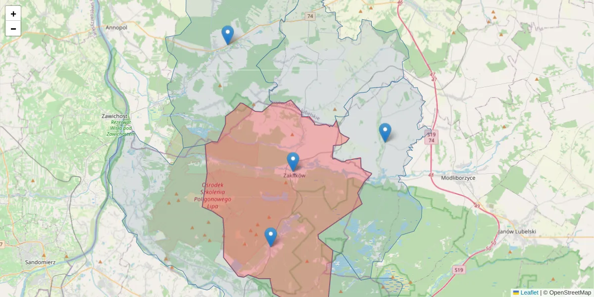 Szczegółowa mapa kodu pocztowego 37-470 z granicami, sąsiednimi kodami pocztowymi i urzędami pocztowymi