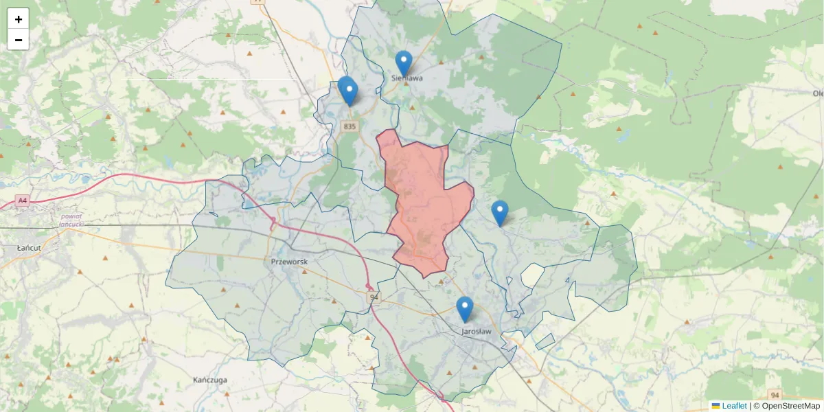 Szczegółowa mapa kodu pocztowego 37-511 z granicami, sąsiednimi kodami pocztowymi i urzędami pocztowymi