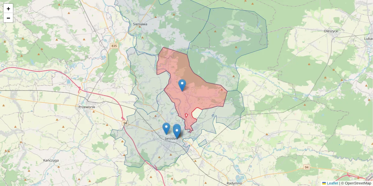 Szczegółowa mapa kodu pocztowego 37-522 z granicami, sąsiednimi kodami pocztowymi i urzędami pocztowymi