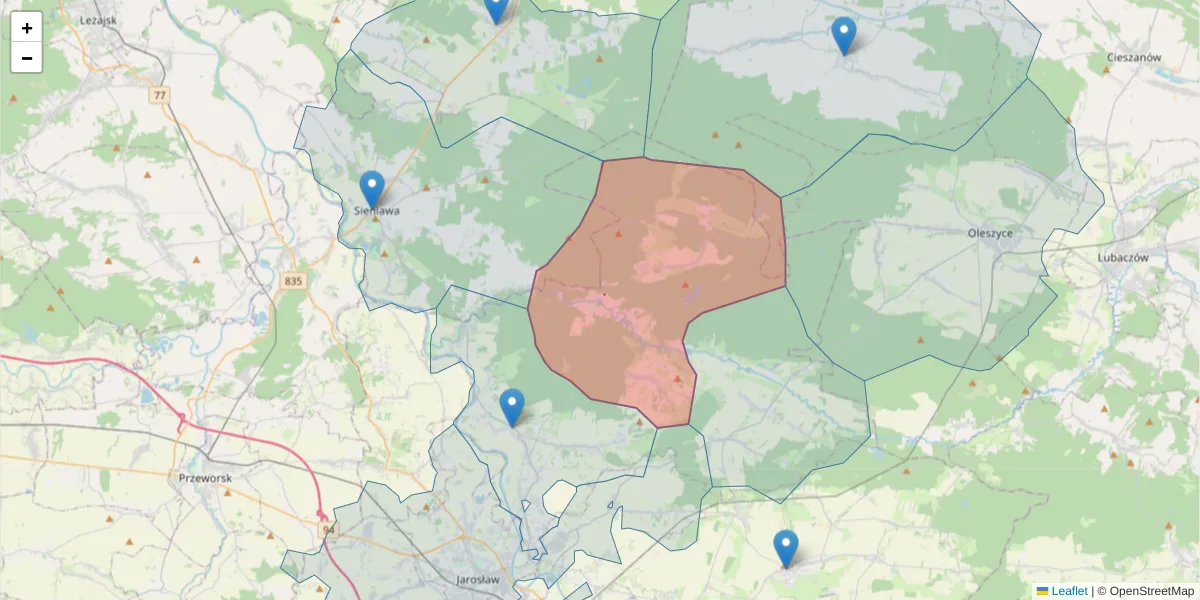 Szczegółowa mapa kodu pocztowego 37-523 z granicami, sąsiednimi kodami pocztowymi i urzędami pocztowymi