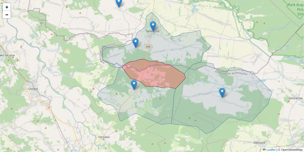 Szczegółowa mapa kodu pocztowego 37-536 z granicami, sąsiednimi kodami pocztowymi i urzędami pocztowymi