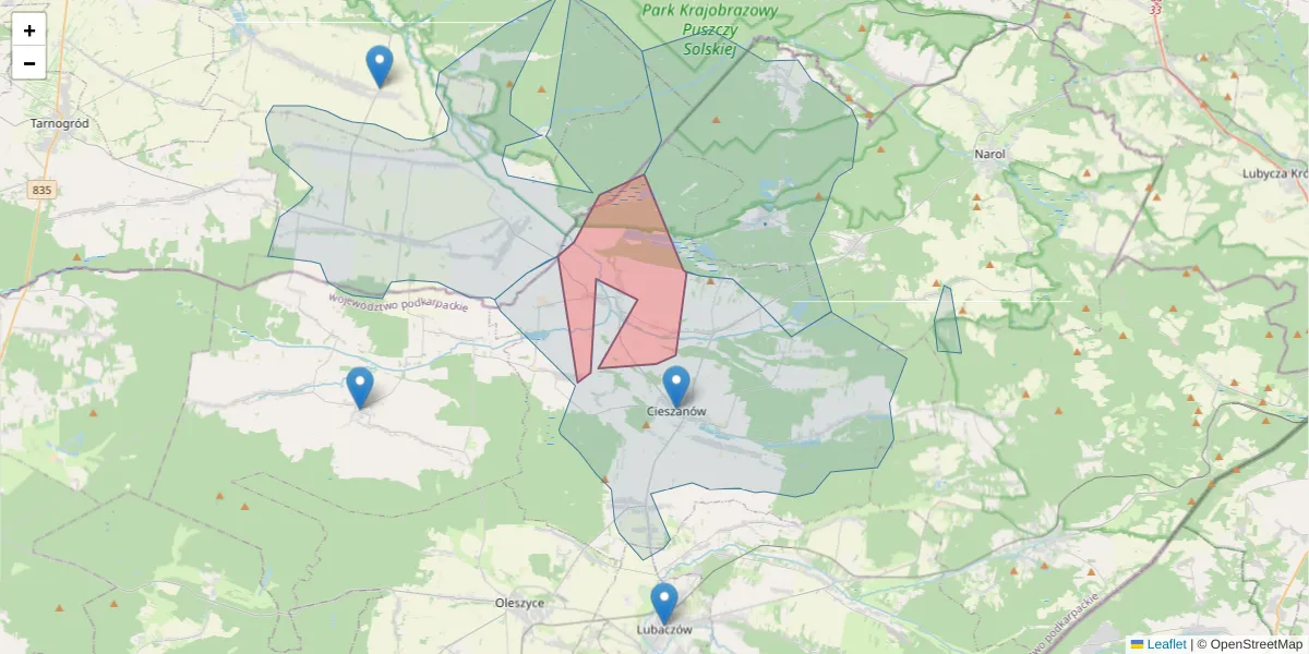 Szczegółowa mapa kodu pocztowego 37-612 z granicami, sąsiednimi kodami pocztowymi i urzędami pocztowymi