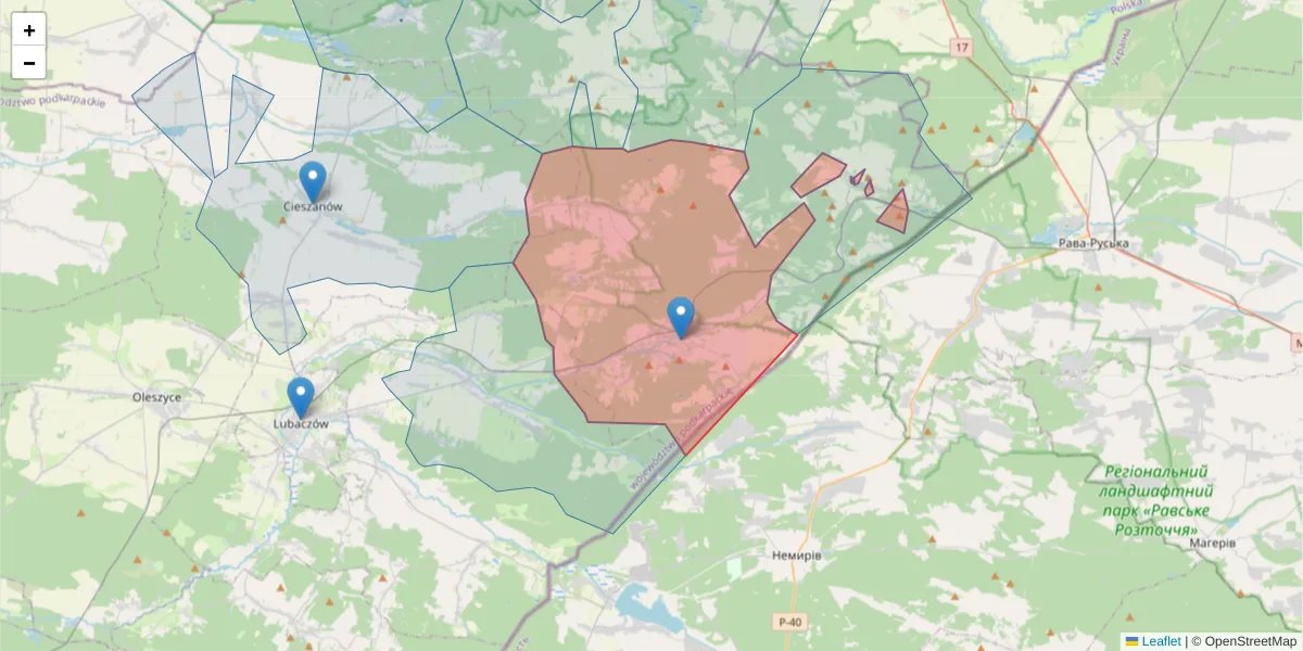 Szczegółowa mapa kodu pocztowego 37-620 z granicami, sąsiednimi kodami pocztowymi i urzędami pocztowymi