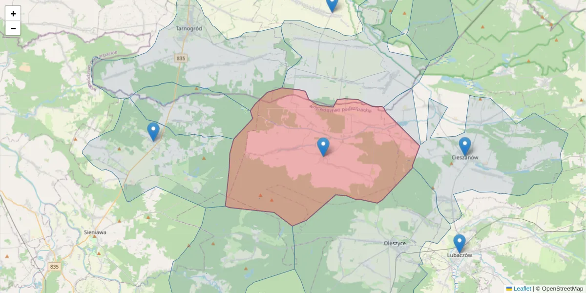 Szczegółowa mapa kodu pocztowego 37-632 z granicami, sąsiednimi kodami pocztowymi i urzędami pocztowymi