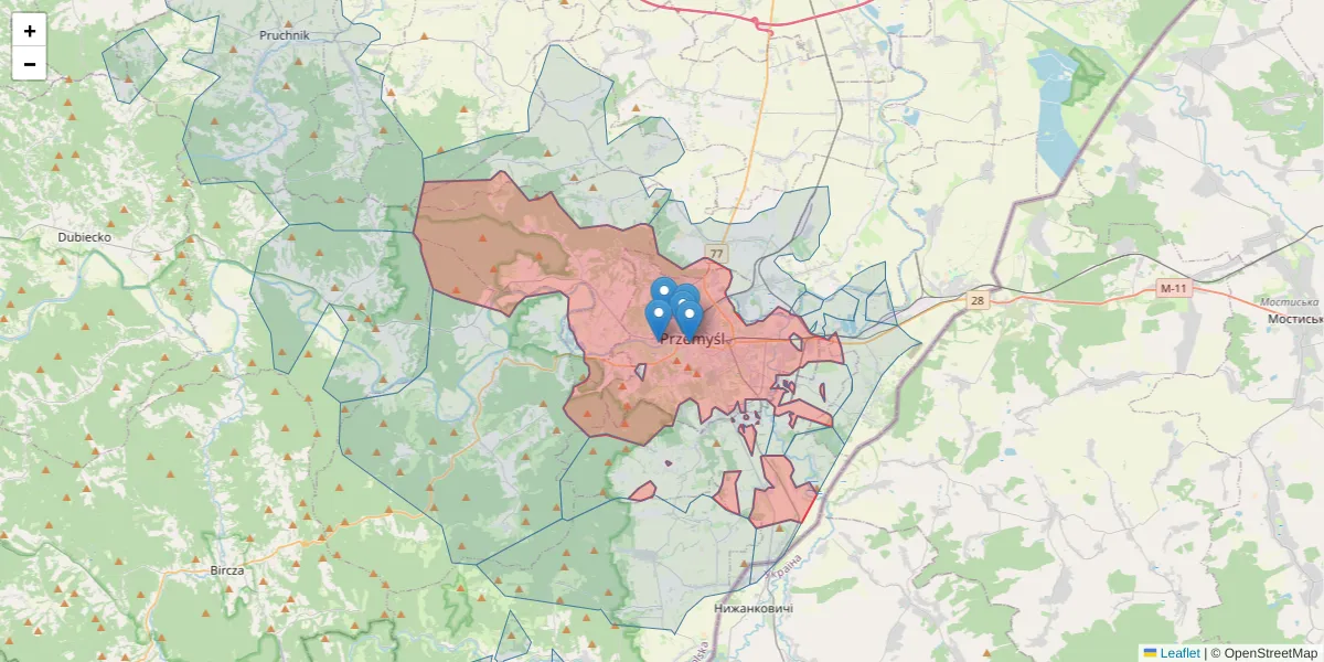 Szczegółowa mapa kodu pocztowego 37-700 z granicami, sąsiednimi kodami pocztowymi i urzędami pocztowymi