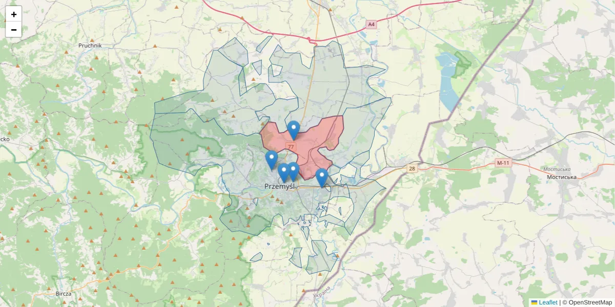 Szczegółowa mapa kodu pocztowego 37-710 z granicami, sąsiednimi kodami pocztowymi i urzędami pocztowymi