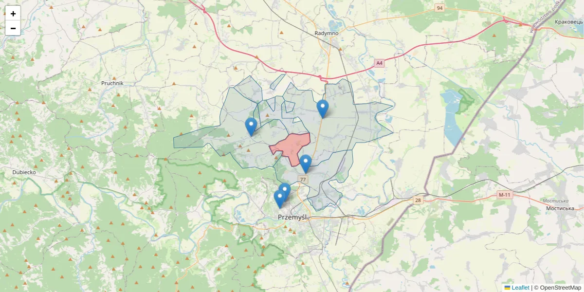 Szczegółowa mapa kodu pocztowego 37-712 z granicami, sąsiednimi kodami pocztowymi i urzędami pocztowymi