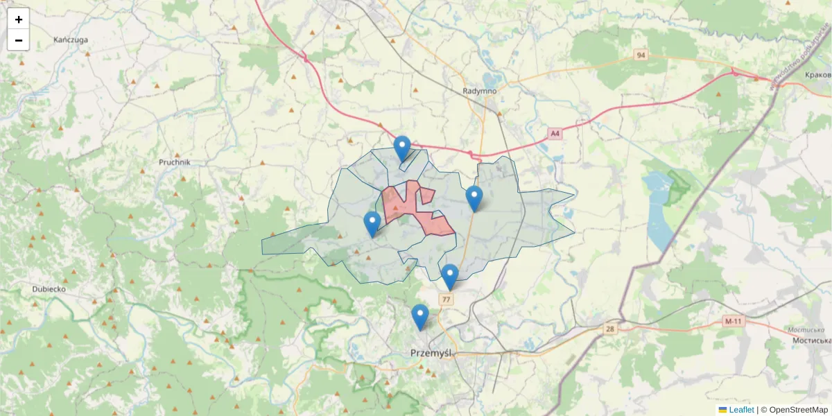 Szczegółowa mapa kodu pocztowego 37-714 z granicami, sąsiednimi kodami pocztowymi i urzędami pocztowymi