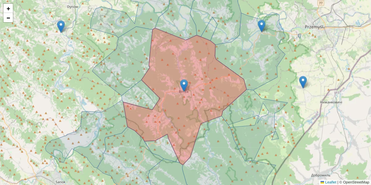 Szczegółowa mapa kodu pocztowego 37-740 z granicami, sąsiednimi kodami pocztowymi i urzędami pocztowymi