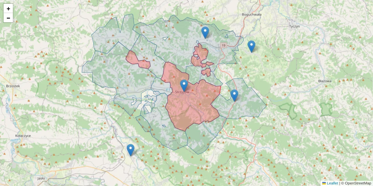Szczegółowa mapa kodu pocztowego 38-100 z granicami, sąsiednimi kodami pocztowymi i urzędami pocztowymi