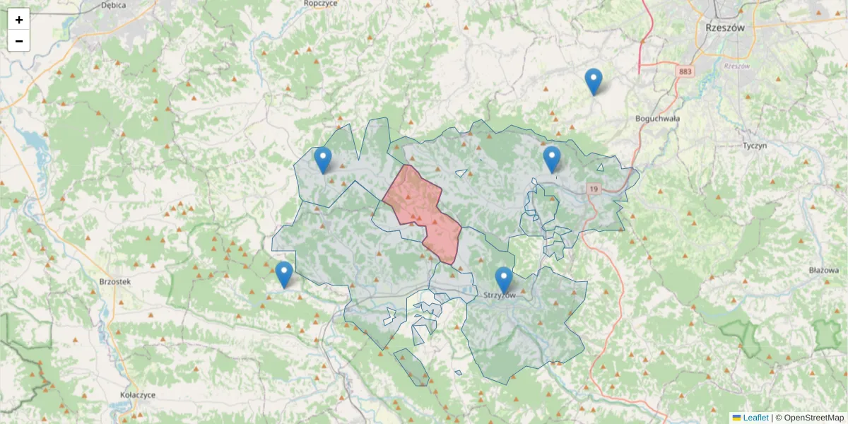 Szczegółowa mapa kodu pocztowego 38-102 z granicami, sąsiednimi kodami pocztowymi i urzędami pocztowymi