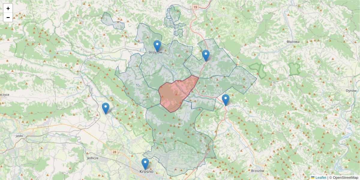 Szczegółowa mapa kodu pocztowego 38-111 z granicami, sąsiednimi kodami pocztowymi i urzędami pocztowymi