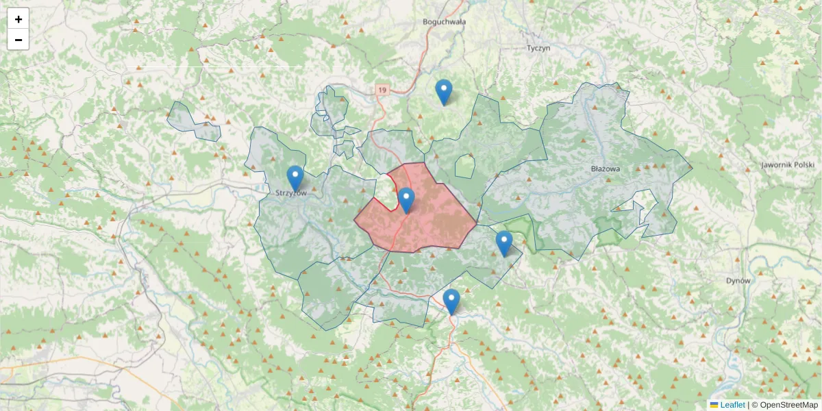 Szczegółowa mapa kodu pocztowego 38-114 z granicami, sąsiednimi kodami pocztowymi i urzędami pocztowymi
