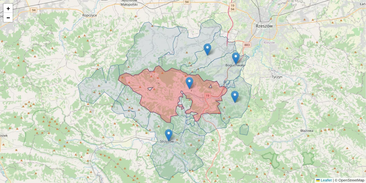 Szczegółowa mapa kodu pocztowego 38-120 z granicami, sąsiednimi kodami pocztowymi i urzędami pocztowymi
