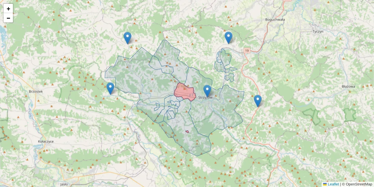 Szczegółowa mapa kodu pocztowego 38-122 z granicami, sąsiednimi kodami pocztowymi i urzędami pocztowymi