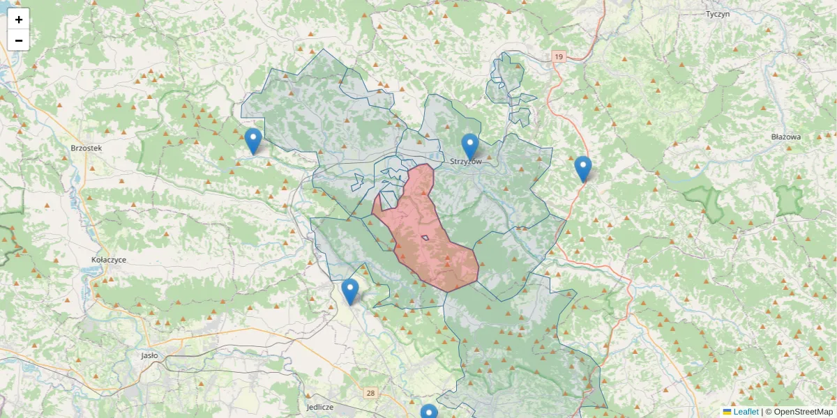 Szczegółowa mapa kodu pocztowego 38-123 z granicami, sąsiednimi kodami pocztowymi i urzędami pocztowymi