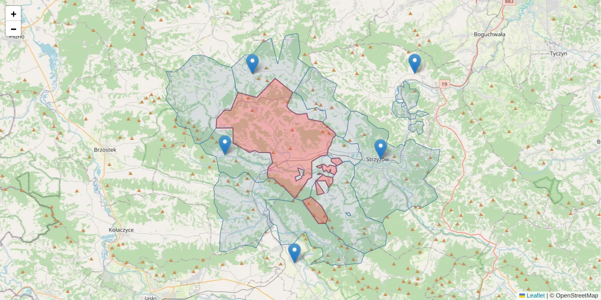 Szczegółowa mapa kodu pocztowego 38-124 z granicami, sąsiednimi kodami pocztowymi i urzędami pocztowymi