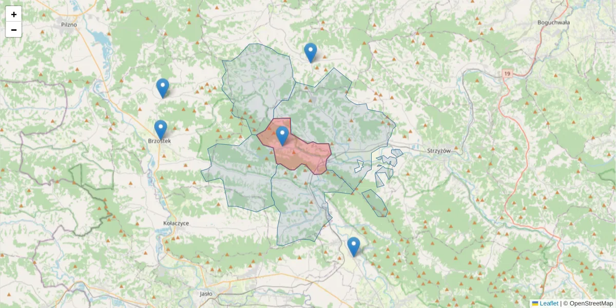 Szczegółowa mapa kodu pocztowego 38-125 z granicami, sąsiednimi kodami pocztowymi i urzędami pocztowymi