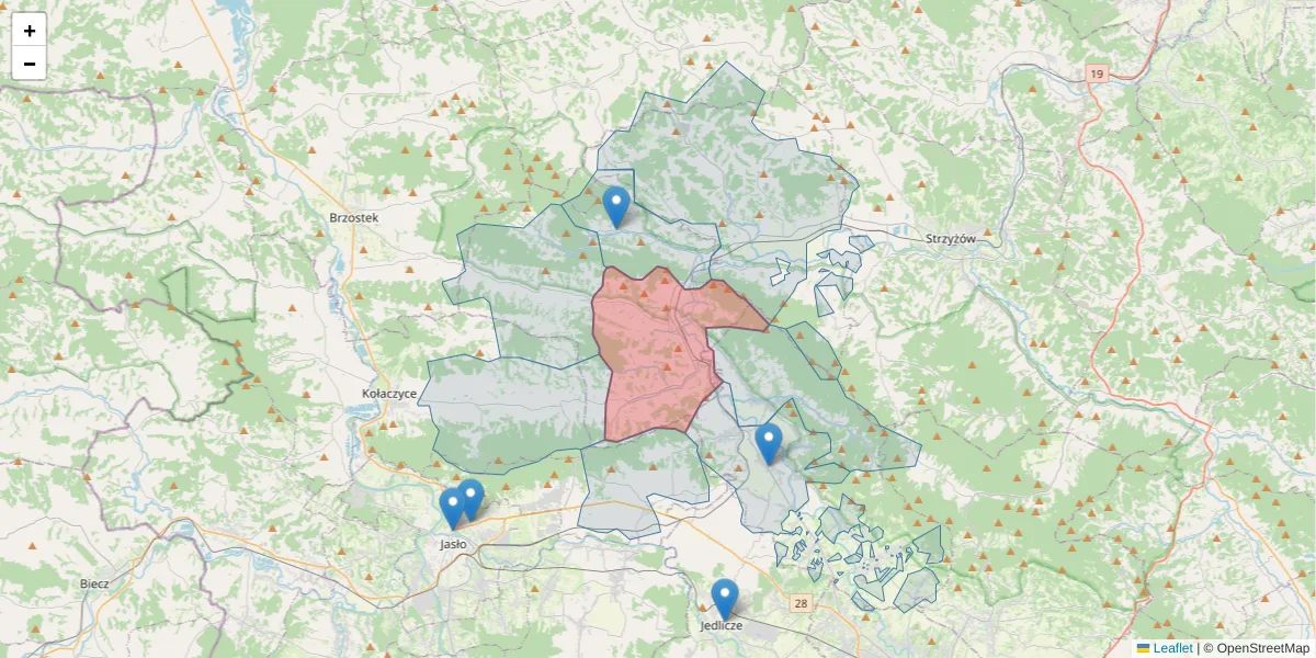 Szczegółowa mapa kodu pocztowego 38-130 z granicami, sąsiednimi kodami pocztowymi i urzędami pocztowymi