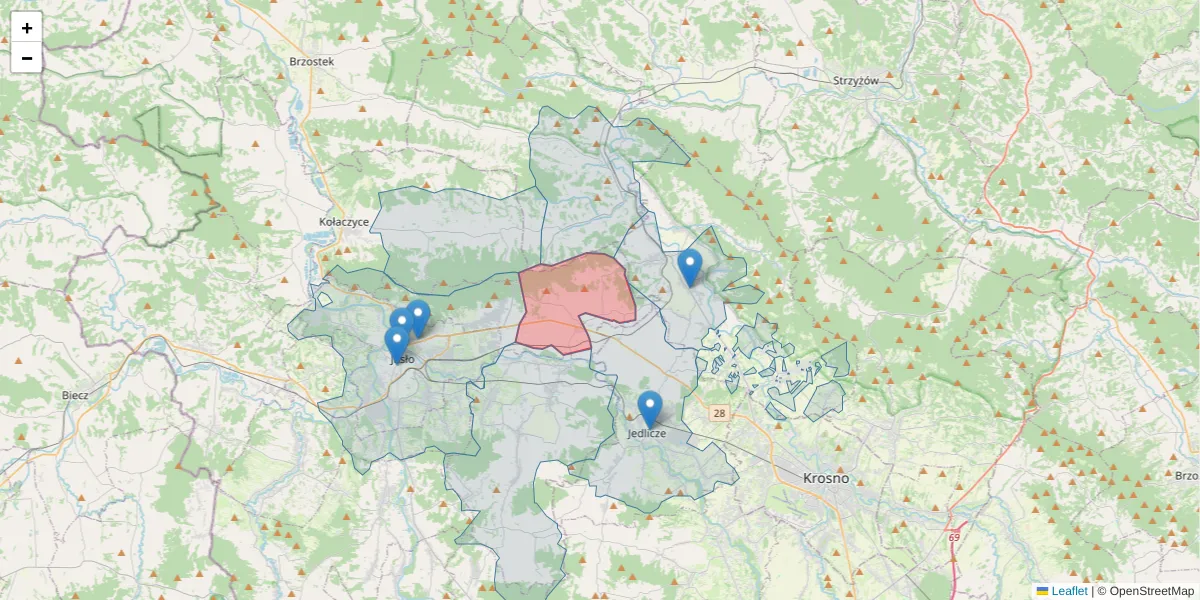Szczegółowa mapa kodu pocztowego 38-203 z granicami, sąsiednimi kodami pocztowymi i urzędami pocztowymi