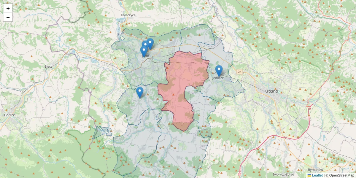 Szczegółowa mapa kodu pocztowego 38-204 z granicami, sąsiednimi kodami pocztowymi i urzędami pocztowymi