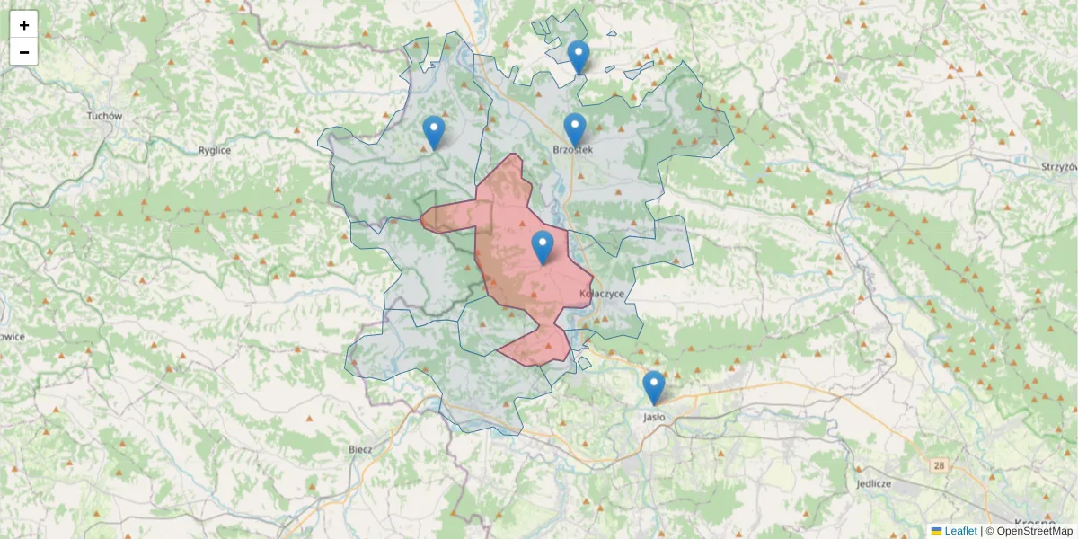 Szczegółowa mapa kodu pocztowego 38-212 z granicami, sąsiednimi kodami pocztowymi i urzędami pocztowymi