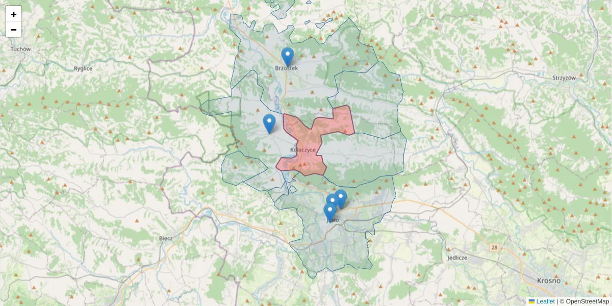 Szczegółowa mapa kodu pocztowego 38-213 z granicami, sąsiednimi kodami pocztowymi i urzędami pocztowymi