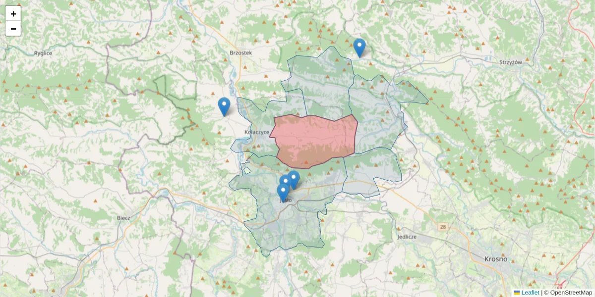 Szczegółowa mapa kodu pocztowego 38-214 z granicami, sąsiednimi kodami pocztowymi i urzędami pocztowymi