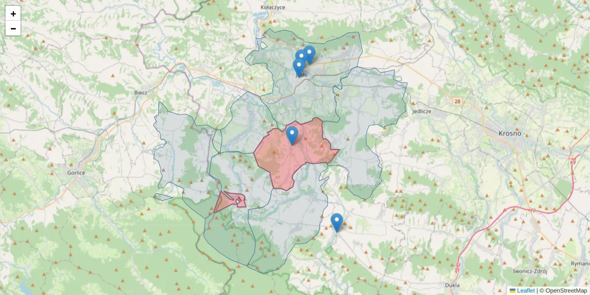 Szczegółowa mapa kodu pocztowego 38-220 z granicami, sąsiednimi kodami pocztowymi i urzędami pocztowymi