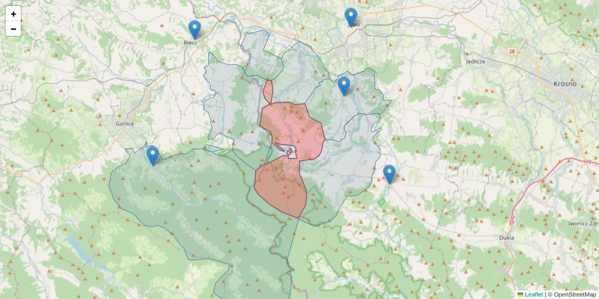 Szczegółowa mapa kodu pocztowego 38-222 z granicami, sąsiednimi kodami pocztowymi i urzędami pocztowymi