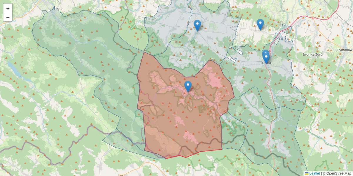 Szczegółowa mapa kodu pocztowego 38-232 z granicami, sąsiednimi kodami pocztowymi i urzędami pocztowymi