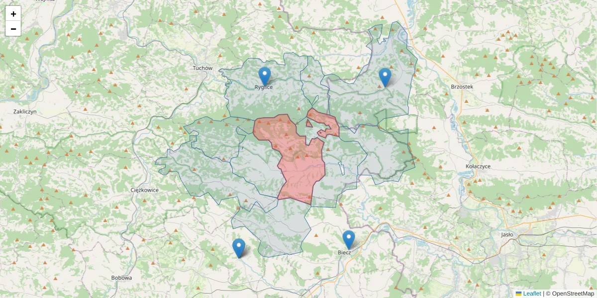 Szczegółowa mapa kodu pocztowego 38-247 z granicami, sąsiednimi kodami pocztowymi i urzędami pocztowymi