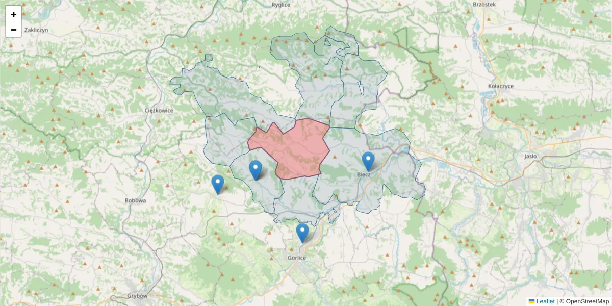 Szczegółowa mapa kodu pocztowego 38-323 z granicami, sąsiednimi kodami pocztowymi i urzędami pocztowymi