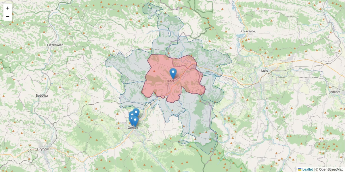 Szczegółowa mapa kodu pocztowego 38-340 z granicami, sąsiednimi kodami pocztowymi i urzędami pocztowymi