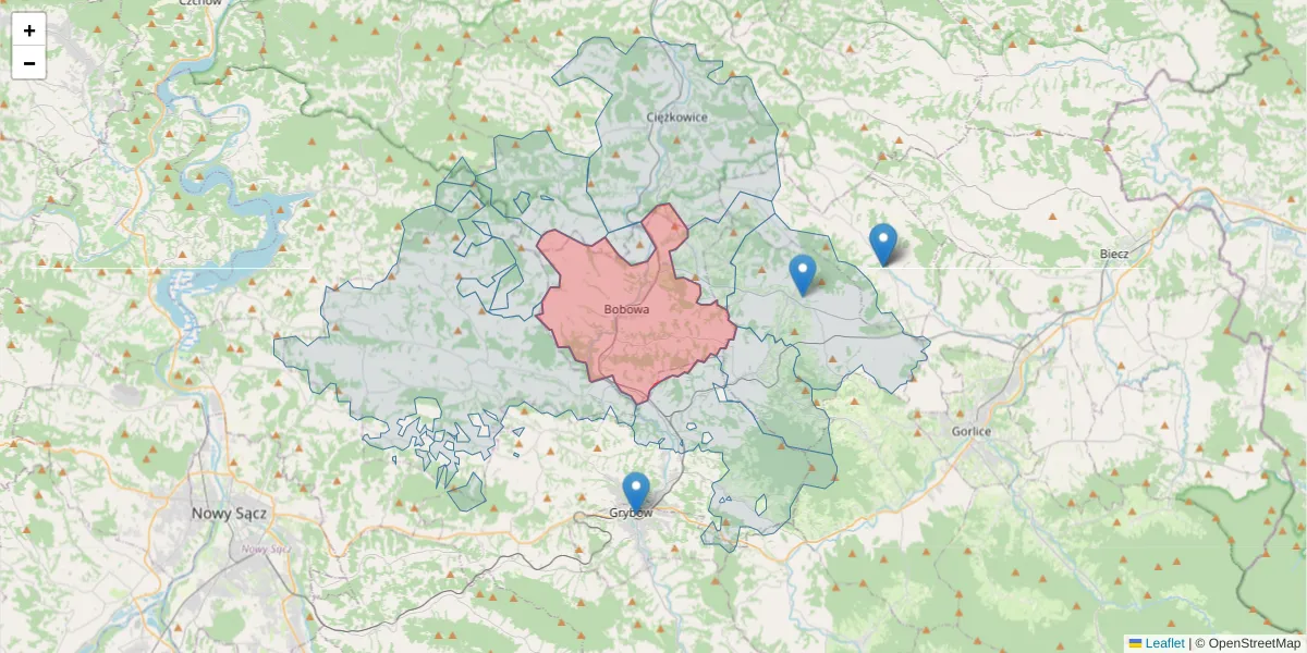 Szczegółowa mapa kodu pocztowego 38-350 z granicami, sąsiednimi kodami pocztowymi i urzędami pocztowymi