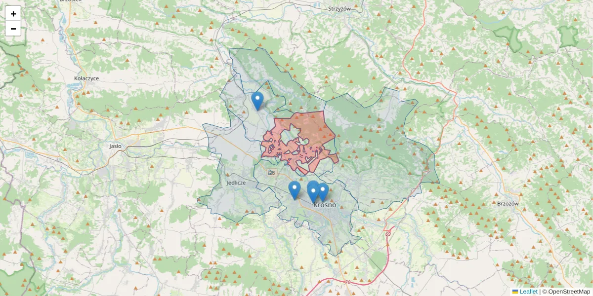 Szczegółowa mapa kodu pocztowego 38-406 z granicami, sąsiednimi kodami pocztowymi i urzędami pocztowymi