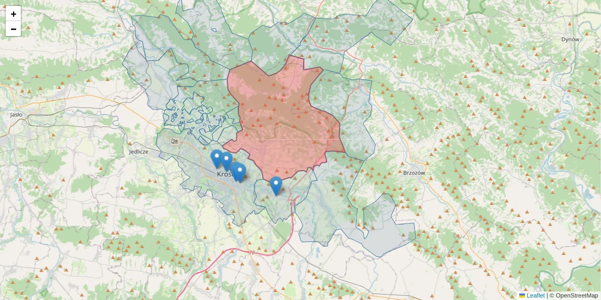 Szczegółowa mapa kodu pocztowego 38-420 z granicami, sąsiednimi kodami pocztowymi i urzędami pocztowymi
