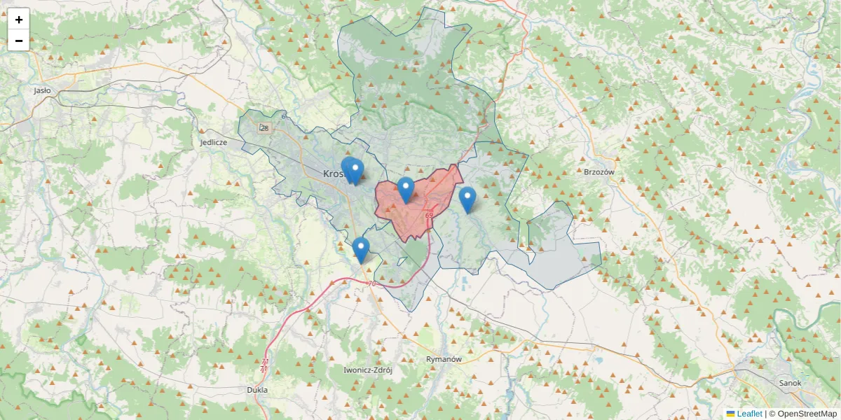Szczegółowa mapa kodu pocztowego 38-422 z granicami, sąsiednimi kodami pocztowymi i urzędami pocztowymi