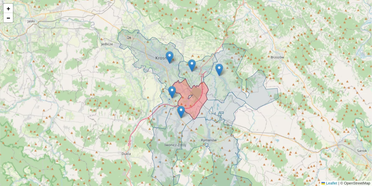 Szczegółowa mapa kodu pocztowego 38-423 z granicami, sąsiednimi kodami pocztowymi i urzędami pocztowymi