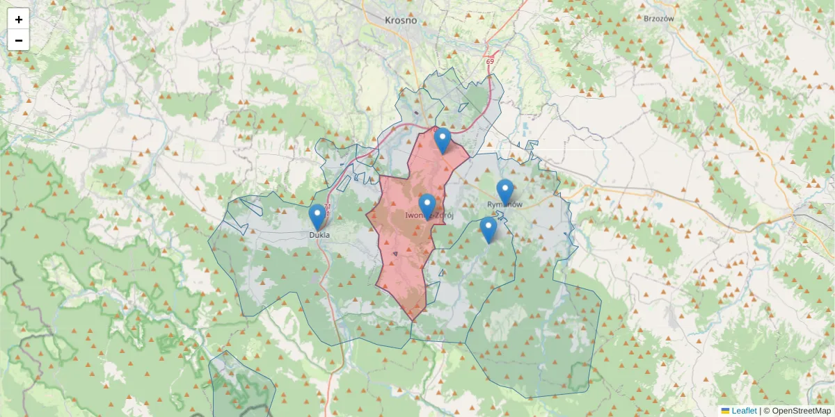 Szczegółowa mapa kodu pocztowego 38-440 z granicami, sąsiednimi kodami pocztowymi i urzędami pocztowymi
