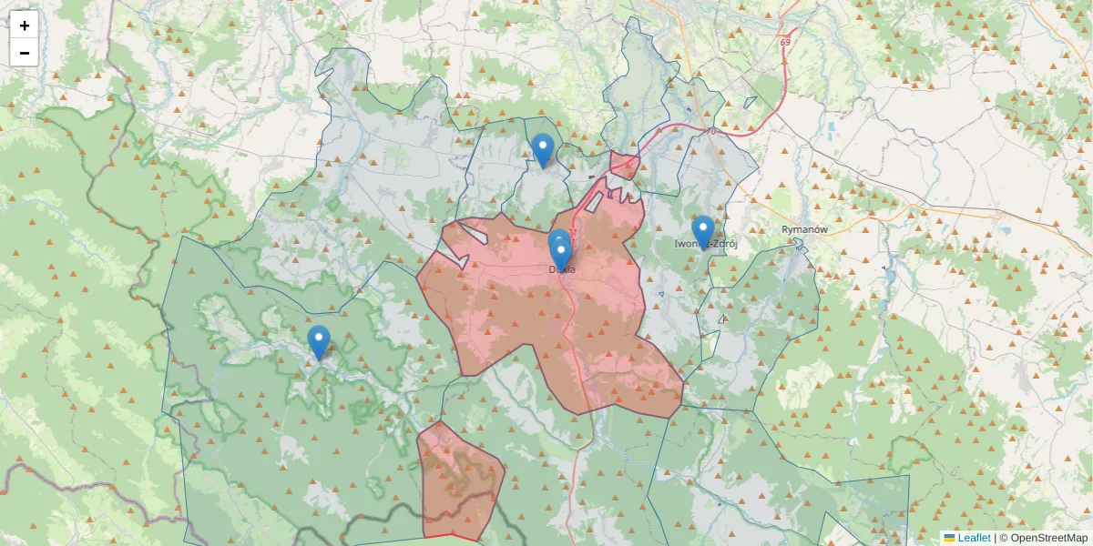 Szczegółowa mapa kodu pocztowego 38-450 z granicami, sąsiednimi kodami pocztowymi i urzędami pocztowymi