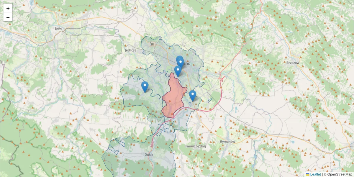 Szczegółowa mapa kodu pocztowego 38-455 z granicami, sąsiednimi kodami pocztowymi i urzędami pocztowymi